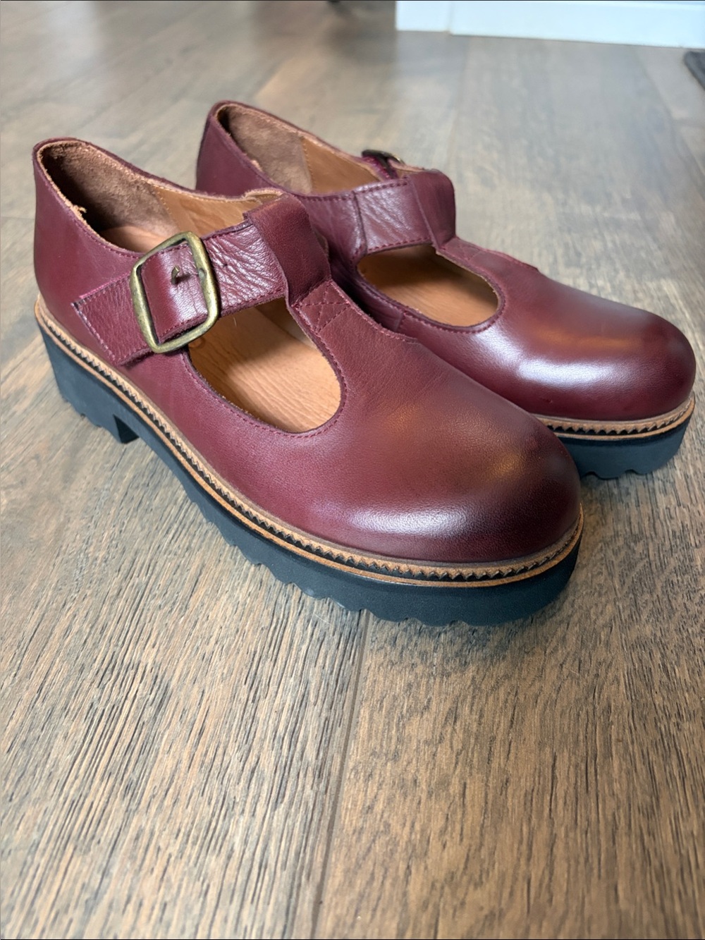 Bueno Women's Burgundy Leather Mary Jane Loafers with Buckle (NEW)